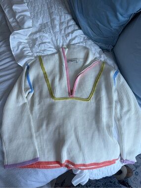 English Factory Ivory Knit Half-Zip Sweater with Pink Trim